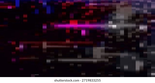 Blauer und roter Bildschirmrahmen bg. Rauschen vhs tv Effekt Hintergrund. Digitales statisches Pixelfehlersignal. Futuristisches abstraktes Rückspulvideo-Hologramm mit Kratzer und Chaos Zerstörung. Altes Cyber-Band gebrochen

