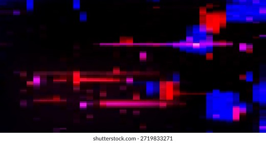 Blauer und roter Bildschirmrahmen bg. Rauschen vhs tv Effekt Hintergrund. Digitales statisches Pixelfehlersignal. Futuristisches abstraktes Rückspulvideo-Hologramm mit Kratzer und Chaos Zerstörung. Altes Cyber-Band gebrochen

