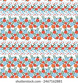 red and blue seamless floral vector small flowers leaves border pattern of white