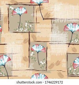 red and blue seamless flowers pattern on texture background
