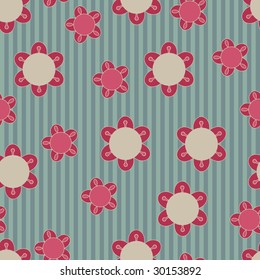 Red and blue seamless flowers  and stripes pattern