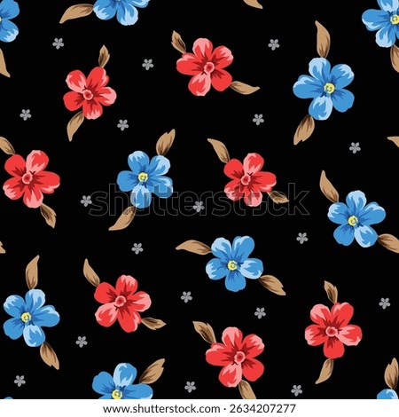 red and blue seamless vector stock flowers with brown leaves pattern on black background