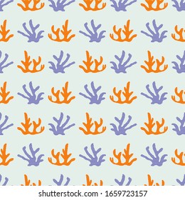 Red and blue seaweed seamless pattern for wallpaper, wrapping and textile with white and yellow dots. Underwater life repeat fabric.