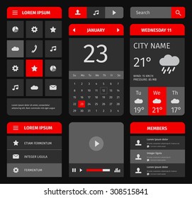 Red and blue set of mobile interface elements. Calendar and weather forecast.