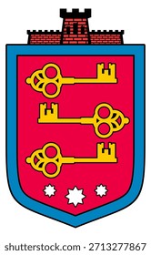 Um escudo vermelho e azul com três teclas