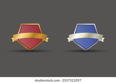 Red and Blue shield vector for label, seal, stamp, icon, logo, badge, symbol, sticker, and button. Luxurious Badge design with golden and silver colors on a dark background.