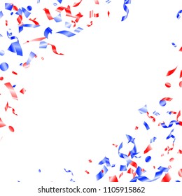 Red blue shiny confetti flying on white vector. USA independence day background. Flying tinsel sparkles, gradient foil serpentine streamers and confetti falling in colors of USA flag.