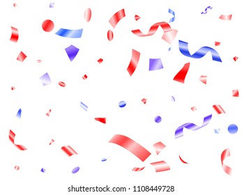 Red blue shiny confetti flying on white vector. USA independence day background. Flying tinsel sparkles, gradient foil serpentine streamers and confetti falling in colors of USA flag.