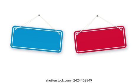 Red and blue shop door signs hanging isolated . Empty or blank sign for store, restaurant or cafe. Vector