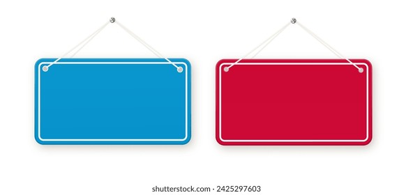 Red and blue shop door signs hanging isolated . Empty or blank sign for store, restaurant or cafe. Vector