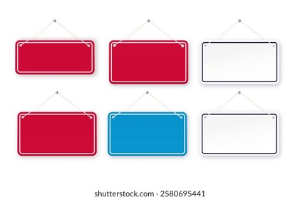 Red and blue shop door signs hanging isolated . Empty or blank sign for store, restaurant or cafe. Vector illustration