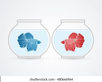 Red and Blue Siamese fighting fish in glass bowl graphic vector.