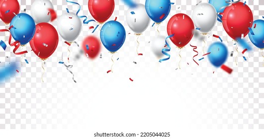 Red, Blue And Silver Balloons With Colorful Confetti Banner Background