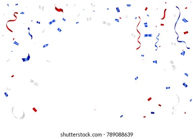 Red And Blue Silver Confetti And Ribbons Falling On White Background. Celebration Event & Birthday. American flag color concept. Vector