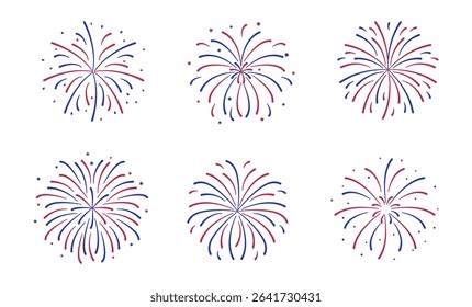 Red and blue simple fireworks set in flat style. United States independence day or celebration concept. Design element for holiday banner poster card.