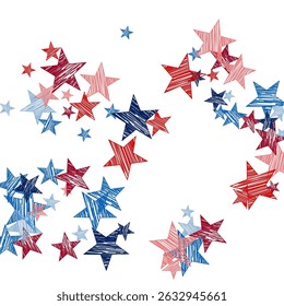 Etoiles à croquis rouges et bleues dispersées sur fond blanc. Motif d'étoile patriotique symbolisant la fête de l'indépendance des États-Unis et le 4 juillet fête l'illustration vectorielle. Arrière-plan Memorial Day.