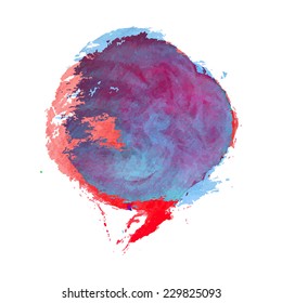 Red and Blue Smashed Watercolor Texture Background. Hand drawn vector circle.