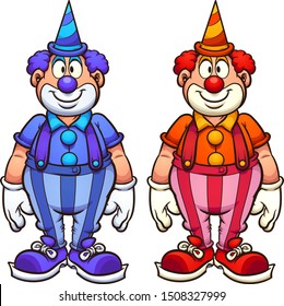 Red and blue smiling cartoon clowns with pointy hats clip art. Vector illustration with simple gradients. Each on a separate layer. 
