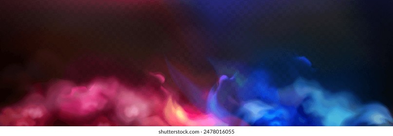 Red and blue smoke clouds on black transparent background with neon glow effect for sport versus concept. Realistic 3d vector two color fog for game vs confrontation or police car light design.