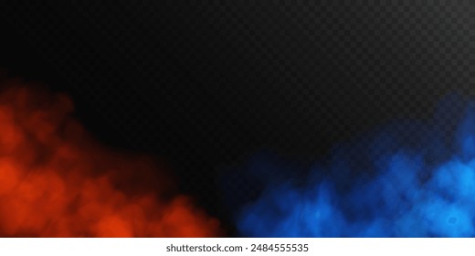Rot blauer Rauch, Smogwolke auf Podium oder Bühne, isolierter transparenter Spezialeffekt. Vektorillustration, nebeliger Dampf über Grund- oder Wasseroberfläche, magischer Dunst.	