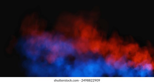 Red blue smoke, smog cloud on podium or stage, isolated transparent special effect. Vector illustration, misty vapor over ground or water surface, magic haze.	