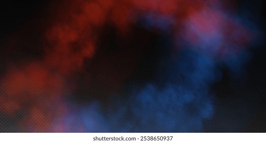 Rot blauer Rauch, Smog-Wolke auf Podium oder Bühne, einzelne transparente Spezialeffekt. Vektorgrafik, nebeliger Dampf über der Erd- oder Wasseroberfläche, magischer Dunst.	