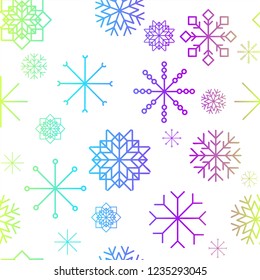 Red and blue snow flakes falling winter modern vector background. Snowflake elements vector illustration, confetti chaotic scatter winter modern background in trendy colors.