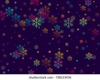 Red and blue snow flakes falling winter modern vector background. Snowflake elements vector illustration, confetti chaotic scatter winter modern background in trendy  colors.