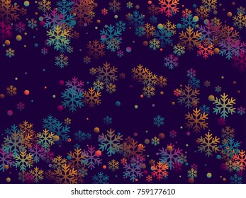 Red and blue snow flakes falling winter modern vector background. Snowflake elements vector illustration, confetti chaotic scatter winter modern background in trendy  colors.