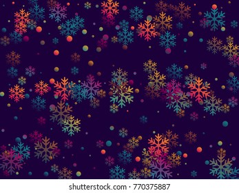 Red and blue snow flakes falling winter modern vector background. Snowflake elements vector illustration, confetti chaotic scatter winter modern background in trendy  colors.