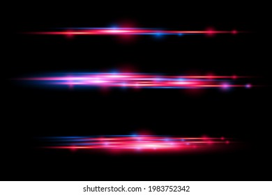 Red and blue special effect. Laser beams, horizontal light rays. Beautiful glow glow and spark. Particle motion effect. Magic of moving fast lines. Glowing abstract glittering line. Vector.