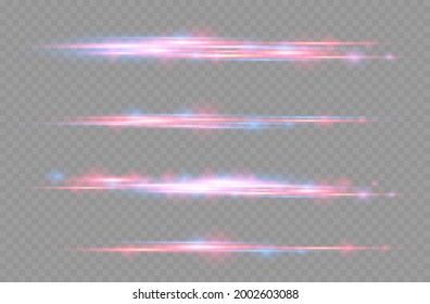 Roter und blauer Spezialeffekt. Laserstrahlen, horizontale Lichtstrahlen. Schönes Licht und Funken. Partikelbewegungseffekt. Magie, schnelle Linien zu bewegen. Glühende abstrakte glitzernde Linie. Vektorgrafik.
