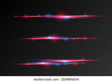 Red and blue special effect. Laser beams, horizontal light rays. Beautiful glow glow and spark. Particle motion effect. Magic of moving fast lines. Glowing abstract glittering line. Vector.