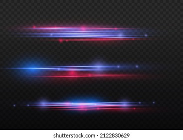 Red and blue special effect. Laser beams, luminous light rays. Horizontal police line isolated on transparent background. Beautiful glow stripes and spark. Particle motion effect. Vector illustration.