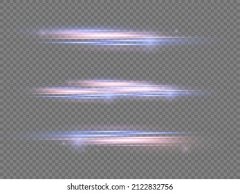 Especial efecto rojo y azul. Vigas láser, rayos luminosos. Línea horizontal de la policía aislada sobre un fondo transparente. Hermosas franjas de resplandor y chispa. Efecto de movimiento de partículas. Ilustración vectorial.