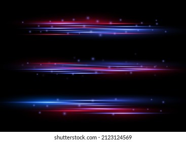 Red and blue special effect. Laser beams, luminous light rays. Horizontal police line isolated on black background. Beautiful glow stripes and spark. Particle motion effect. Vector illustration.
