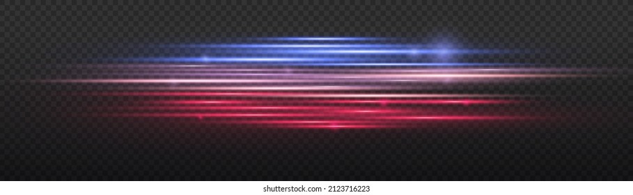 Red and blue special effect. Laser beams, luminous light rays. Horizontal police line isolated on transparent background. Beautiful glow stripes and spark. Particle motion effect. Vector illustration.