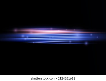 Especial efecto rojo y azul. Vigas láser, rayos luminosos. Línea horizontal de la policía aislada de fondo negro. Hermosas franjas de resplandor y chispa. Efecto de movimiento de partículas. Ilustración vectorial.