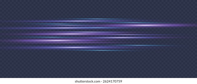 Vermelho e azul efeito especial. Feixes de laser, raios luminosos. Linha policial horizontal isolada sobre fundo transparente. Lindo brilho listras e faísca. Efeito de movimento de partículas. Ilustração vetorial.