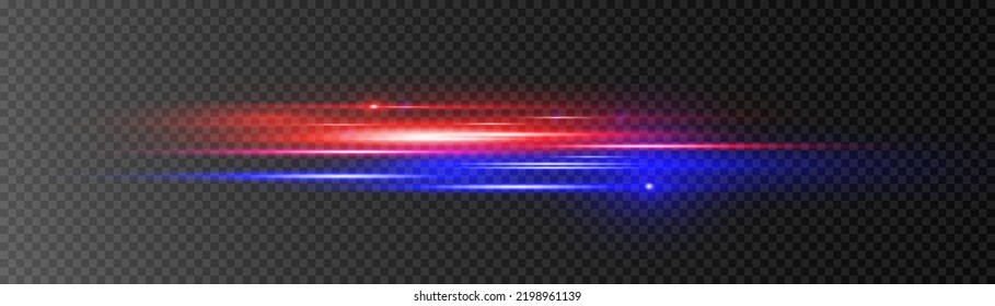 Red blue special effect, speed police line. Beautiful glow light flare and spark. Magic of moving fast lines. Laser beams, horizontal light rays. Particle motion effect. Vector illustration.
