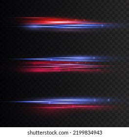 Red blue special effect, speed police line. Beautiful glow light flare and spark. Laser beams, horizontal light rays. Particle motion effect. Magic of moving fast lines. Vector illustration.