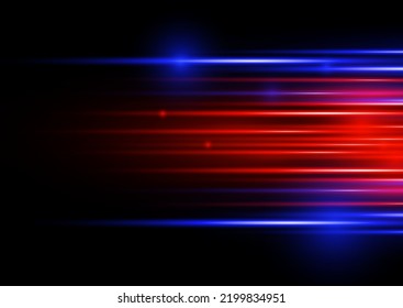 Red blue special effect, speed police line. Beautiful glow light flare and spark. Laser beams, horizontal light rays. Particle motion effect. Magic of moving fast lines. Vector illustration.