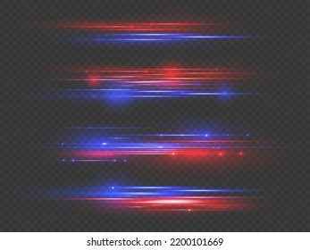 Rot blauer Spezialeffekt, Geschwindigkeitspolizei. Laserstrahlen, horizontale Lichtstrahlen. Schöner Lichtfleck und Funken. Partikelbewegungseffekt. Magie, schnelle Linien zu bewegen. Vektorgrafik.
