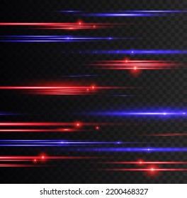 Efecto especial azul rojo, línea de policía rápida. Vigas láser, rayos de luz horizontales. Hermoso resplandor claro y chispa. Efecto de movimiento de partículas. Magia de mover líneas rápidas. Ilustración vectorial.