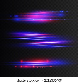 Red blue special effect, speed police line. Beautiful glow light flare and spark. Magic of moving fast lines. Particle motion effect. Laser beams, horizontal light rays. Vector illustration.