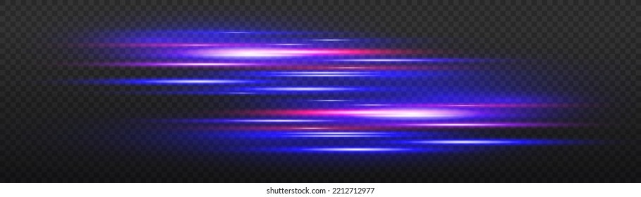 Efecto especial azul rojo, línea de policía rápida. Hermoso resplandor claro y chispa. Magia de mover líneas rápidas. Efecto de movimiento de partículas. Vigas láser, rayos de luz horizontales. Ilustración vectorial.
