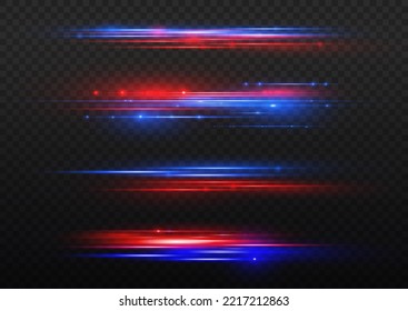 Efecto especial azul rojo, línea de policía rápida. Hermoso resplandor claro y chispa. Magia de mover líneas rápidas. Efecto de movimiento de partículas. Vigas láser, rayos de luz horizontales. Ilustración vectorial.