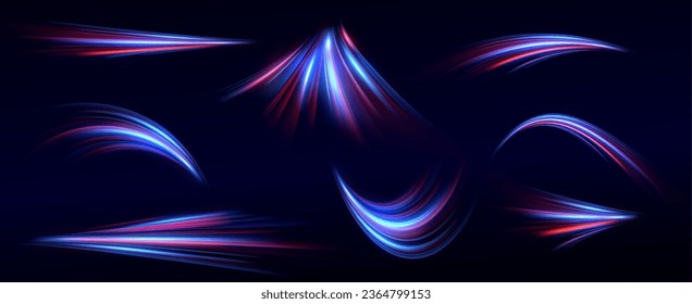 Red and blue speed lines. Speed ​​of acceleration and movement. Light trails, motion blur effect. Night lights in blue and red.