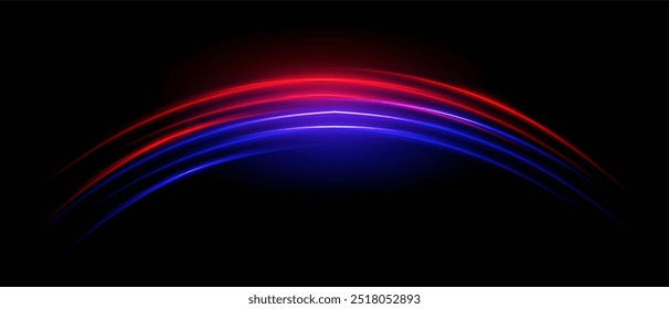 Rote und blaue Geschwindigkeit Neon Arc Streifen oder Lichtblitz. Laserstrahlen, horizontale Strahlen. Schöne Lichtreflexionen. Glühende Streifen auf schwarzem Hintergrund.