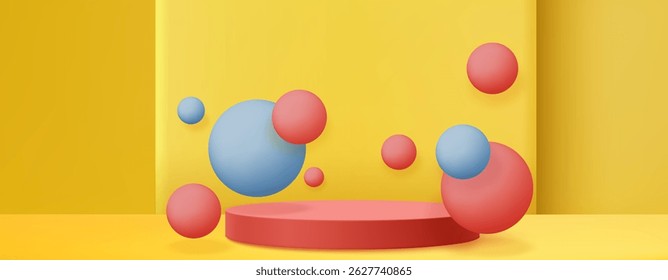 Esferas rojas y azules flotando alrededor del podio del cilindro sobre fondo amarillo - Formas geométricas abstractas, colores brillantes contrastantes, estilo minimalista. Maqueta de pedestal de exhibición de producto estilizado 3D.